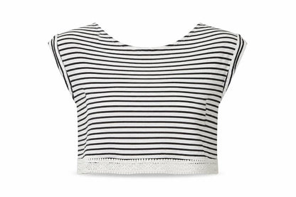 Front view of Miss Selfridge women’s blue striped basic t-shirt, size UK 6