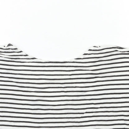 Close-up detail of Miss Selfridge women’s blue striped basic t-shirt, size UK 6