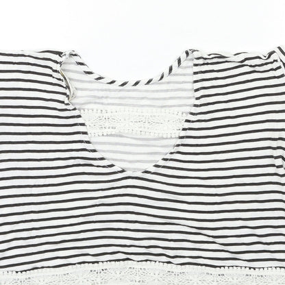 Brand and care label for Miss Selfridge women’s blue striped basic t-shirt, size UK 6