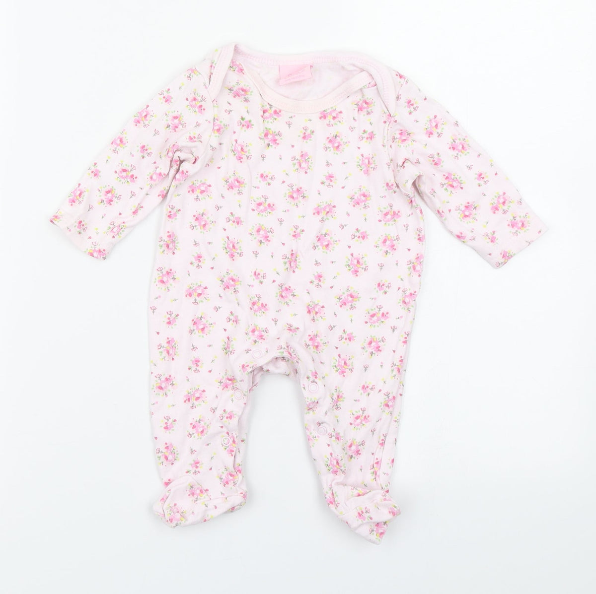 Additional front view of Bebe Bonito girls’ pink floral babygrow one-piece, size 3-6, months