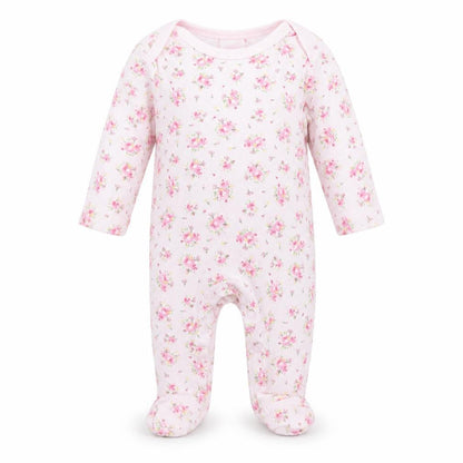 Front view of Bebe Bonito girls’ pink floral babygrow one-piece, size 3-6, months