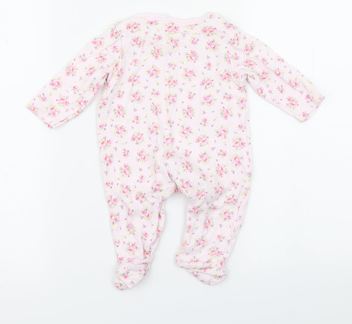 Back view of Bebe Bonito girls’ pink floral babygrow one-piece, size 3-6, months