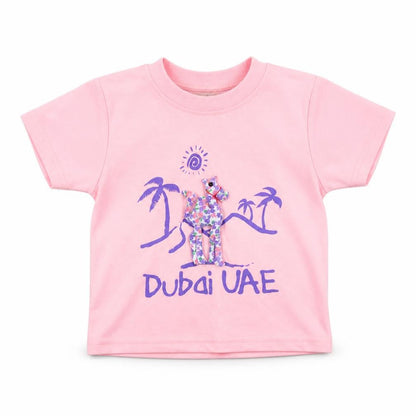 Front view of arabikka girls’ pink colourblock basic t-shirt, size 18-24, months