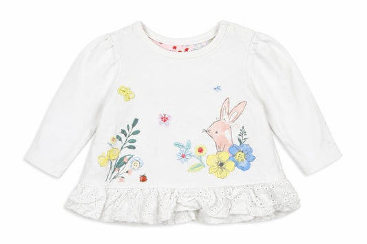 Front view of Nutmeg girls’ white floral basic t-shirt, size 0-3, months