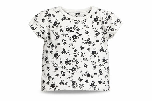 Front view of nut, eg girls’ white floral basic t-shirt, size 3-6, months