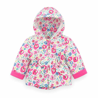 Front view of F&F girls’ multicoloured floral basic coat coat, size 0-3, months