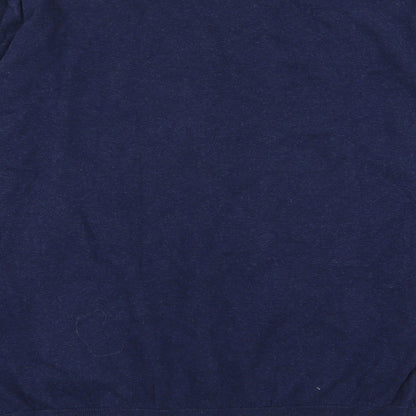 Brand and care label for Easy men’s blue jumper, size L