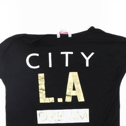 Close-up detail of Evie girls’ black basic t-shirt, size 7-8, years