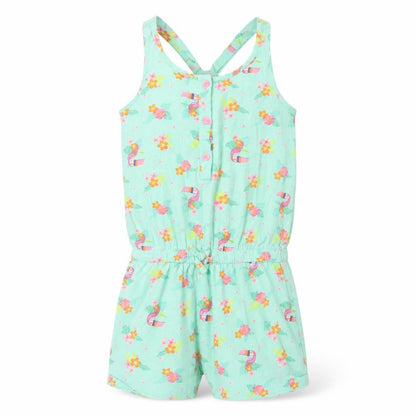 Front view of Dunnes girls’ green floral playsuit one-piece, size 5, years