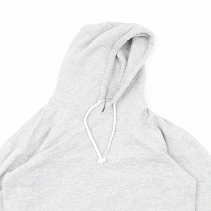 Close-up detail of I SAW IT FIRST women’s grey pullover hoodie, size M