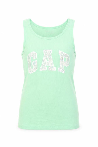 Front view of Gap girls’ green basic tank, size 8, years