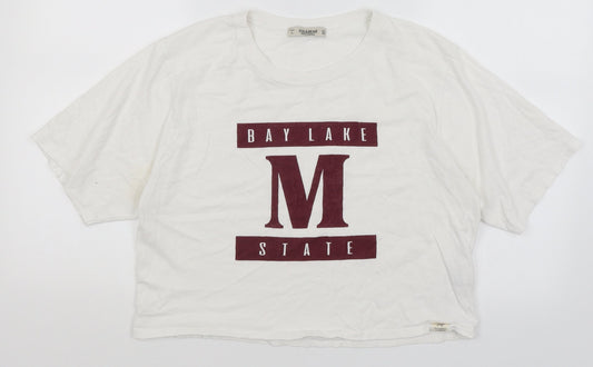 Pull & Bear Womens White   Cropped T-Shirt Size L