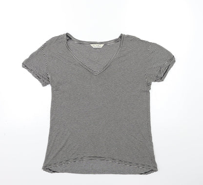 Front view of Miss Selfridge women’s black striped basic t-shirt, size UK 10