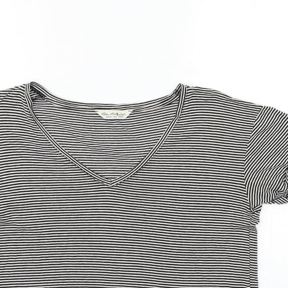 Close-up detail of Miss Selfridge women’s black striped basic t-shirt, size UK 10