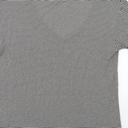Brand and care label for Miss Selfridge women’s black striped basic t-shirt, size UK 10