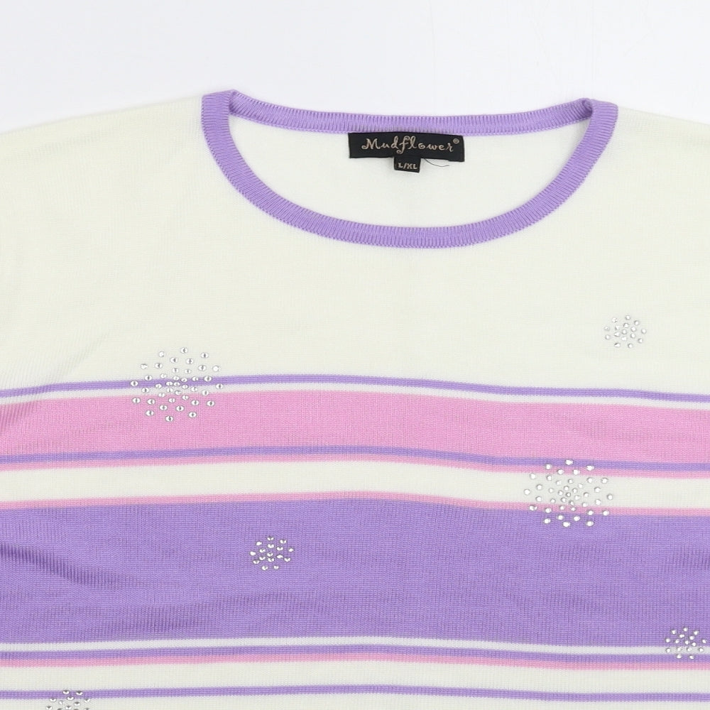 Mudflower Womens White Striped Knit Pullover Jumper Size XL