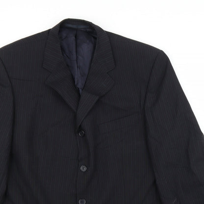 Close-up detail of Principles men’s black striped jacket suit jacket, size 44
