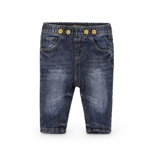 Front view of Peacocks boys’ blue jogger jeans, size 6-9, months