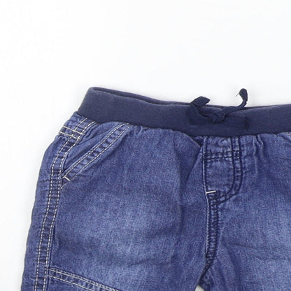 Close-up detail of Tu boys’ blue jogger jeans, size 6-9, months