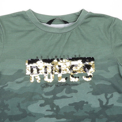 Close-up detail of George girls’ green basic t-shirt, size 7-8, years