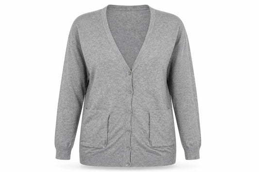 Front view of Atmosphere women’s grey cardigan jumper, size UK 10