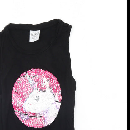 Close-up detail of Bravado girls’ black basic tank, size 9, years - unicorn