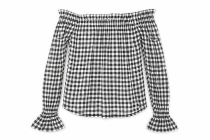Front view of Atmosphere women’s black plaid basic blouse, size UK 8
