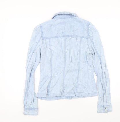 Back view of Miss Selfridge women’s blue basic button-up, size UK 8