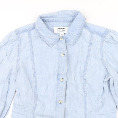 Close-up detail of Miss Selfridge women’s blue basic button-up, size UK 8