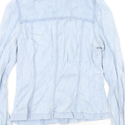 Brand and care label for Miss Selfridge women’s blue basic button-up, size UK 8