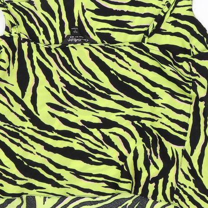 Brand and care label for Miss Selfridge women’s green animal print basic blouse, size UK 10