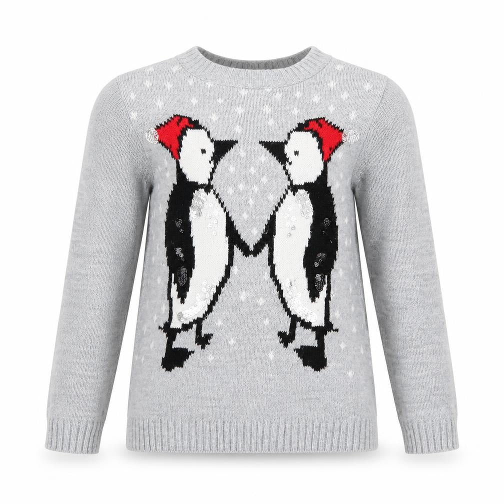 Ty Girls Grey  Knit Pullover Jumper Size 8 Years  - Penguins