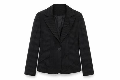 Front view of Papaya women’s black striped jacket suit jacket, size UK 12