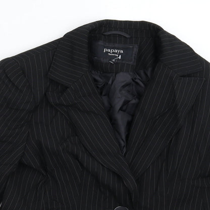 Close-up detail of Papaya women’s black striped jacket suit jacket, size UK 12