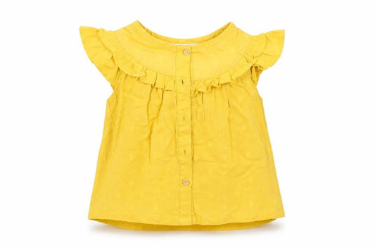 Front view of Primark girls’ yellow polka dot basic blouse, size 12-18, months