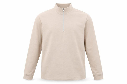 Front view of boohooMAN men’s beige pullover sweatshirt, size M