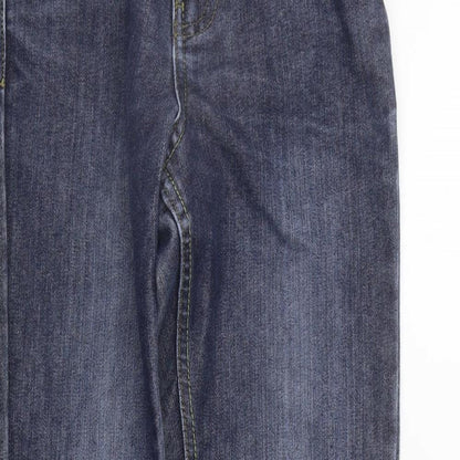Close-up detail of Denim & Co. girls’ blue straight jeans, size 9-10, years