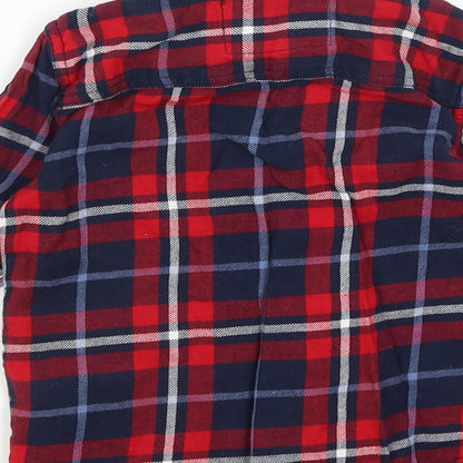 Brand and care label for Rebel boys’ red plaid basic button-up, size 3-4, years