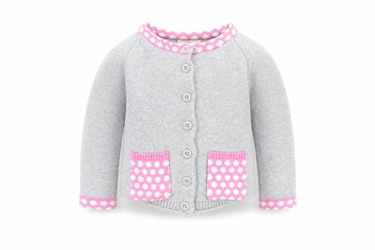 Front view of Strawberry Faire girls’ grey jacket, size 12, months