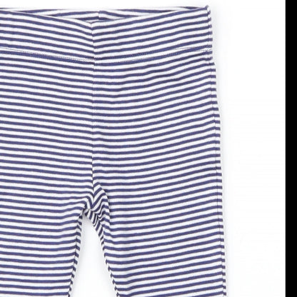 Close-up detail of F&F boys’ blue striped leggings, size 3-6, months