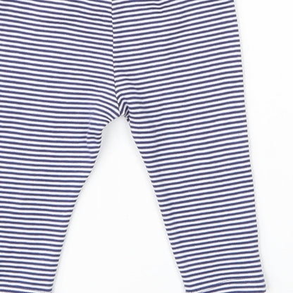 Brand and care label for F&F boys’ blue striped leggings, size 3-6, months