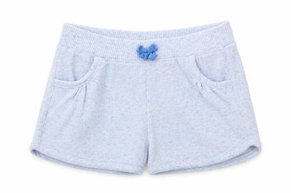 Front view of E-vie Angel girls’ blue boyfriend shorts, size 5, years