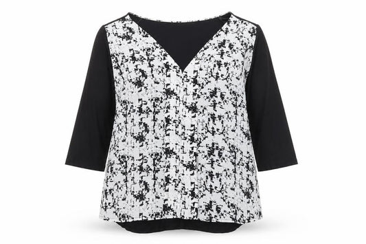 Front view of Papaya women’s black geometric jersey tunic blouse, size UK 14