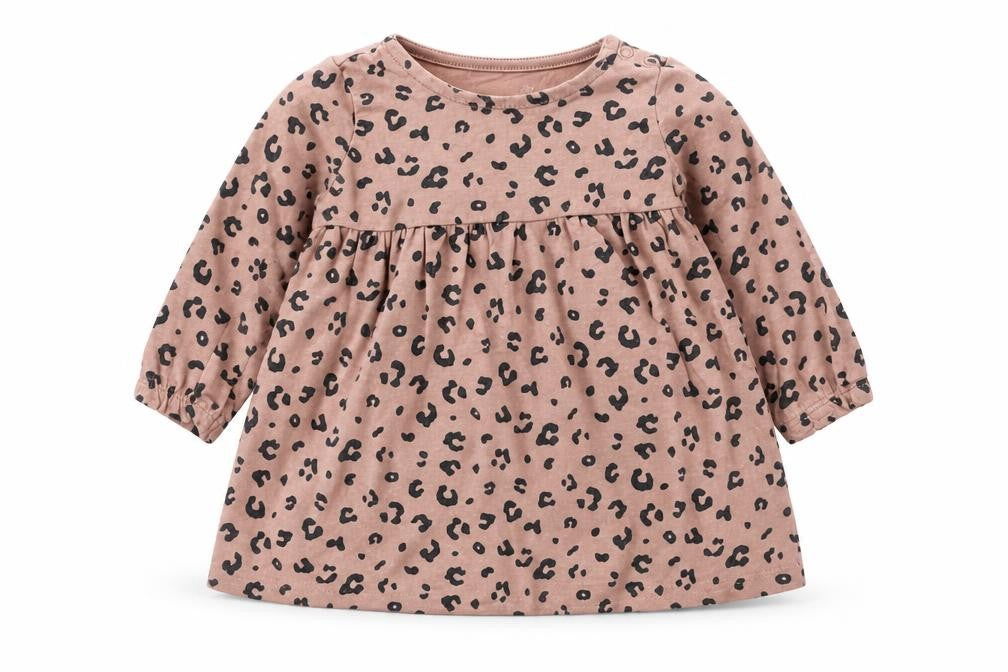 Front view of F&F girls’ pink animal print jersey t-shirt dress, size 3-6, months