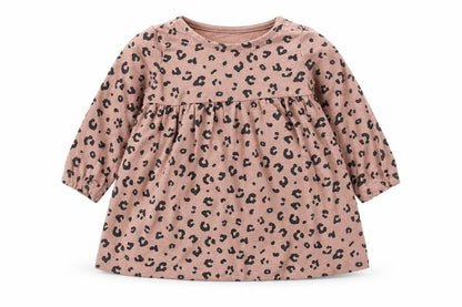 Front view of F&F girls’ pink animal print jersey t-shirt dress, size 3-6, months