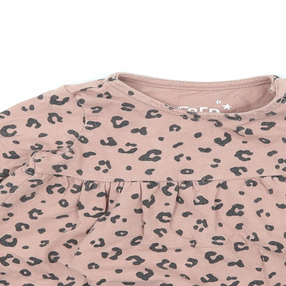 Close-up detail of F&F girls’ pink animal print jersey t-shirt dress, size 3-6, months