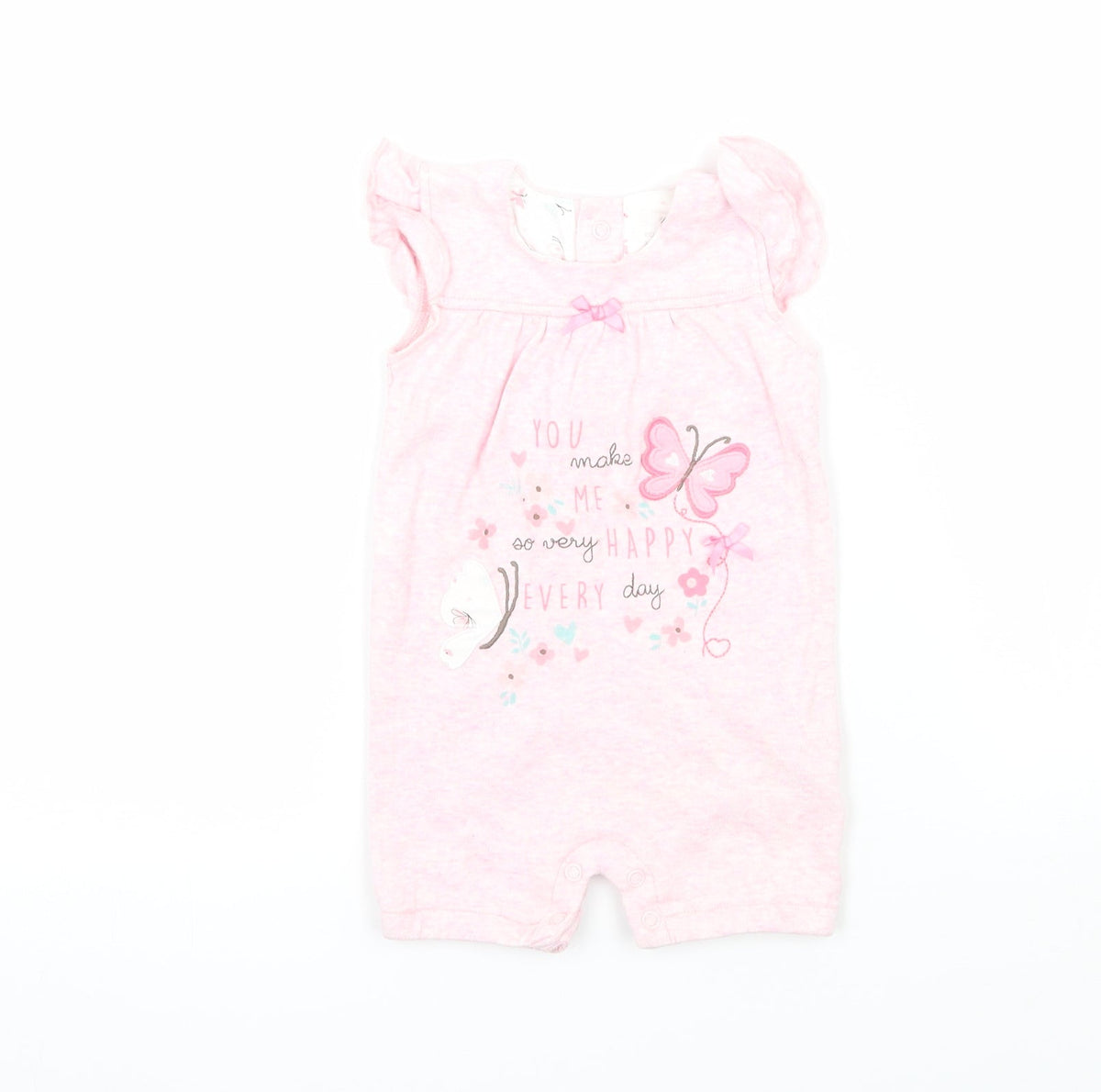 Additional front view of Early Days girls’ pink coverall one-piece, size 3-6, months