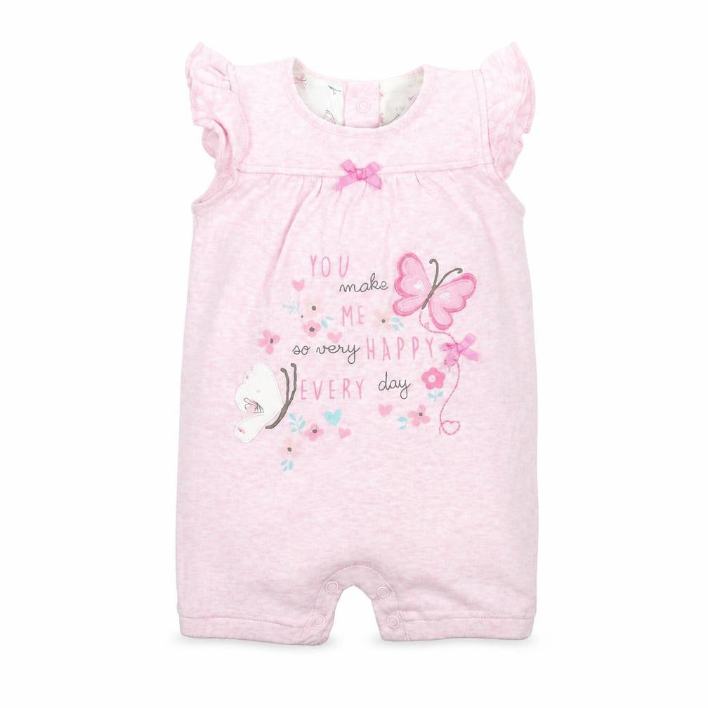 Front view of Early Days girls’ pink coverall one-piece, size 3-6, months