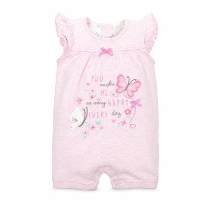 Front view of Early Days girls’ pink coverall one-piece, size 3-6, months