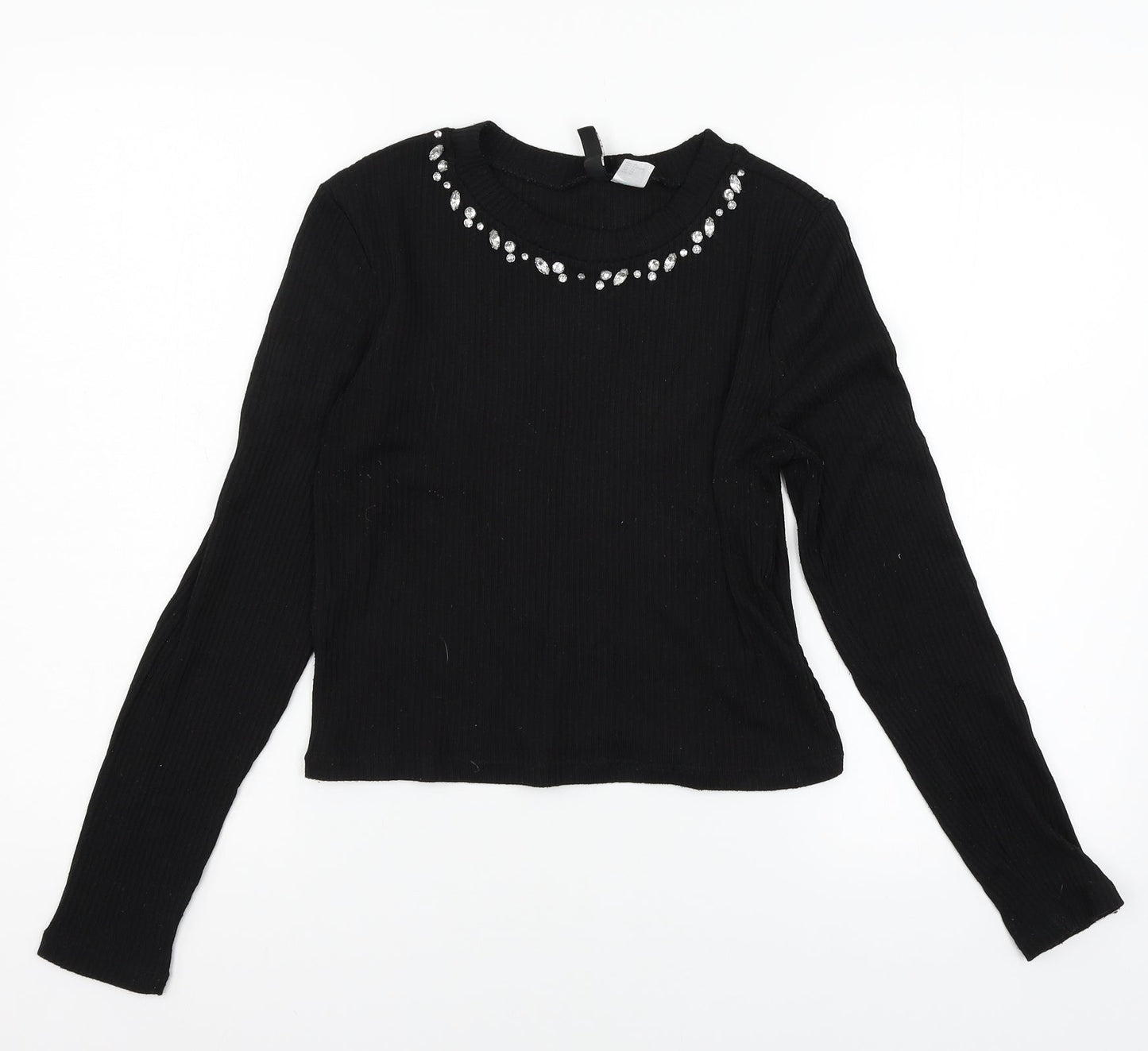 Divided by H&M Womens Black  Jersey Basic T-Shirt Size M  - Embelished Neckline